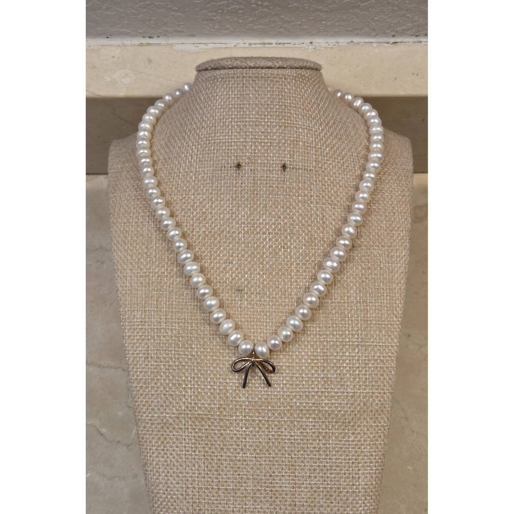 1990s Sterling Silver Bow & Pearl Adjustable Necklace‎ 15-17"